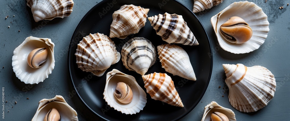 Poster elegant display of assorted raw seashells arranged on a sleek black plate with ample space for text 