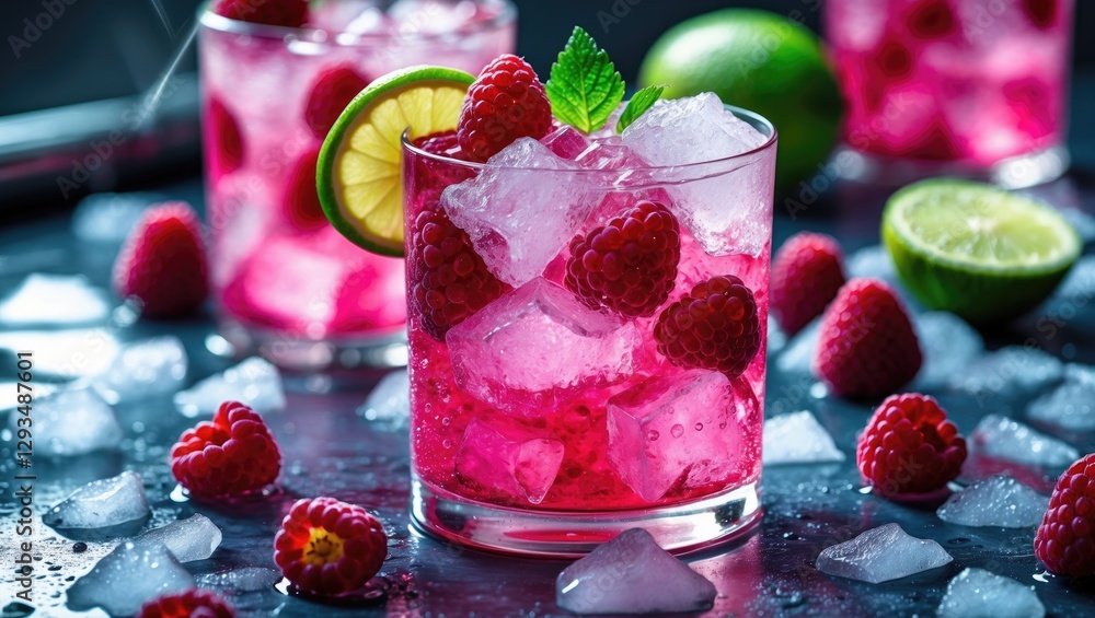 Aufkleber refreshing raspberry ice cocktail with fresh berries and lime garnish in glasses surrounded by ice o