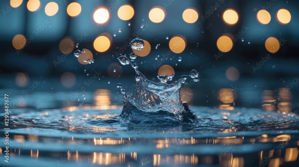 Poster water splash creating bokeh effect with blurred lights in the background for an artistic and serene 