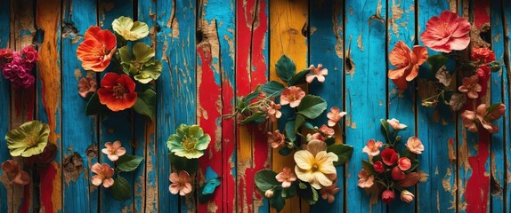 Fototapeta premium Brightly colored wooden background with vibrant artificial flowers creating a cheerful, vintage aesthetic perfect for decorative themes.