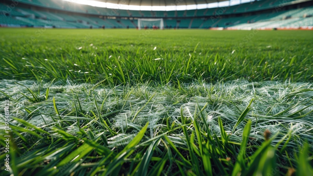 Poster close up view of fresh green grass on stadium field with goalposts in background illuminated by natu