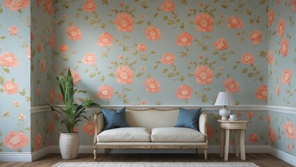 Charming living room interior featuring floral wallpaper, elegant sofa and decorative plant, creating a cozy and inviting atmosphere.