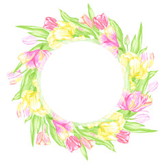 Obraz premium Hand drawn watercolor colorful tulips with green leaves wreath. Illustration of flowers isolated on white background. Can be used for postcard, invitation, album and other printed products.