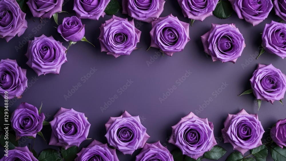 Poster purple roses frame on a dark background with space for text or design elements in a elegant floral a