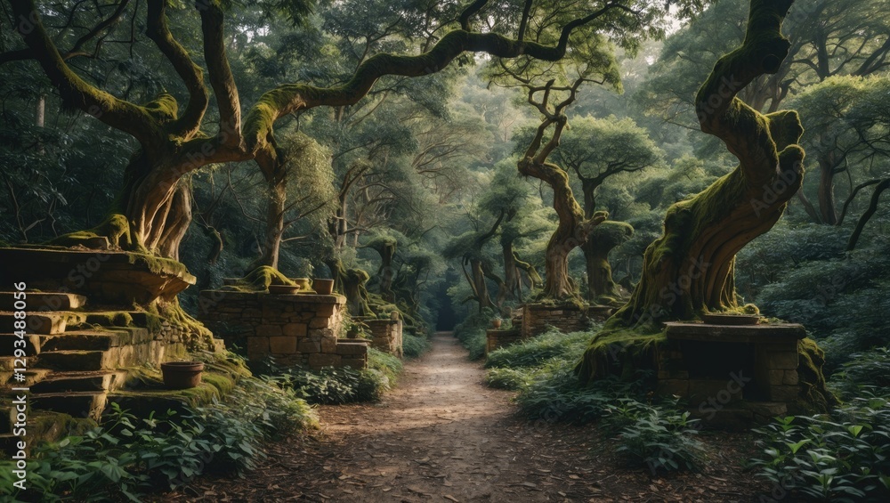 Poster ancient enchanted forest pathway with lush greenery and tranquil atmosphere ideal for text placement