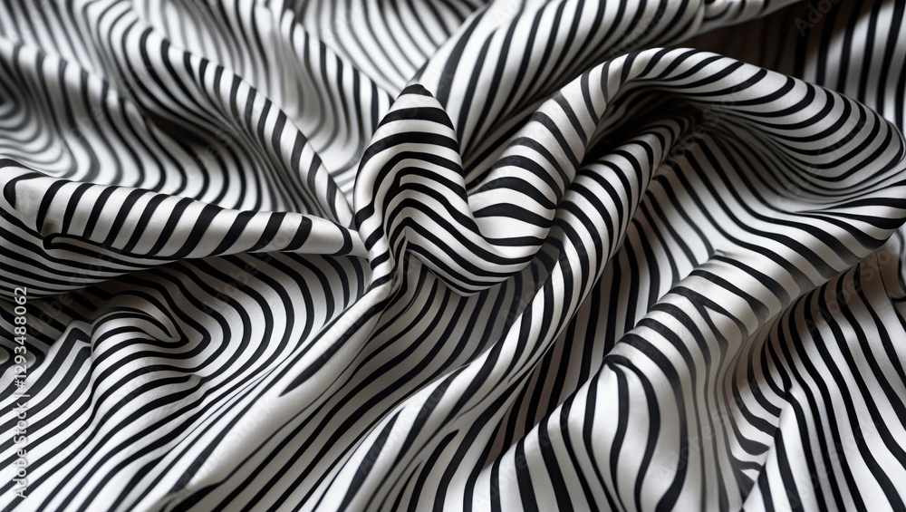 Poster wavy texture of silk fabric featuring bold black and white stripes creating dynamic folds and abstra