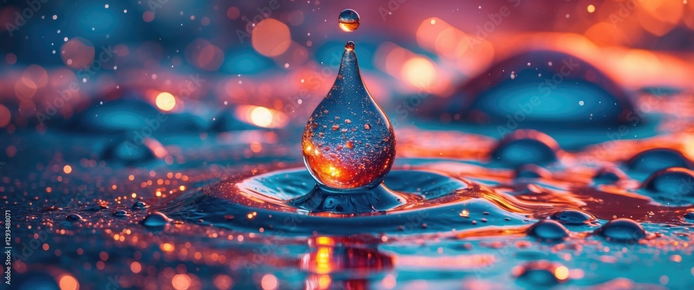 Poster vibrant macro shot of a water drop splashing on a colorful surface with bokeh effect creating a mesm