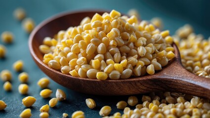 Raw buckwheat grains in a wooden spoon on a rustic surface promoting healthy eating and nutrition for weight loss and wellness.