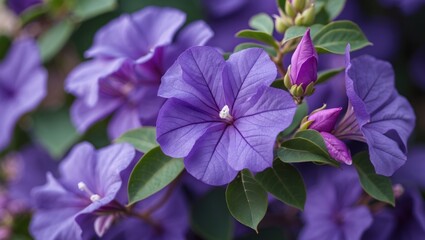 Vibrant macro shot of purple Bougainvillea flowers showcasing intricate details and lush green foliage in a garden setting.