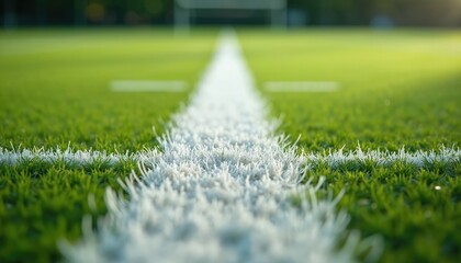 Close-up of white line marking on green American football field. Sports ground grass turf boundary, game strategy planning, training, championship. Healthy lifestyle, outdoor team sport, match