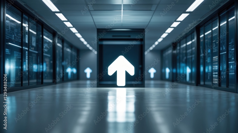Poster futuristic corridor illuminated by glowing arrows directing forward in a high-tech environment with 