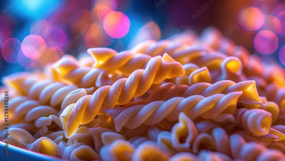 Poster fusilli pasta with vibrant colorful bokeh background perfect for culinary themes or food texture des