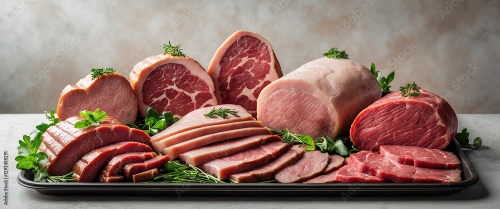 Poster assorted cuts of pork and beef on a platter garnished with fresh herbs and empty space for text or b