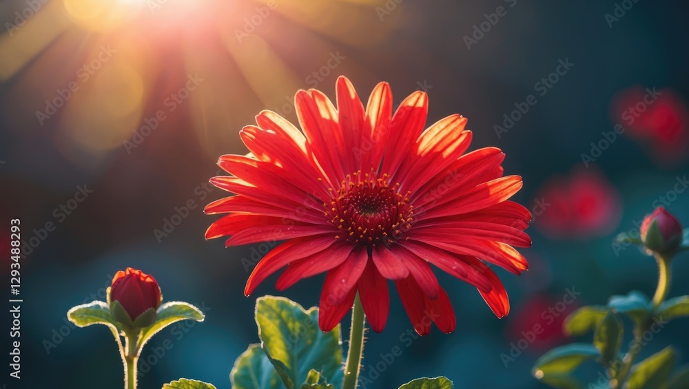 Poster vibrant red flower illuminated by sunlight against a dark background with space for text and additio