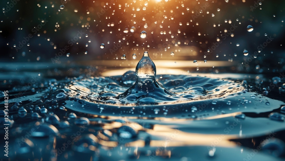 Poster serene water surface with droplets sparkling in sunlight creating a tranquil and refreshing natural 