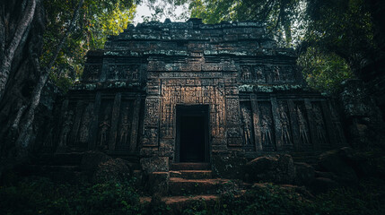 Fototapeta premium Ancient stone temple ruins overgrown by lush green jungle foliage old dark asia decay travel angkor