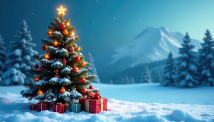 Obraz premium Snowy scene with a large Christmas tree and a gift box at its base, blue, ribbon