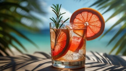Refreshing cocktail with citrus slices at a tropical beach in bright sunlight