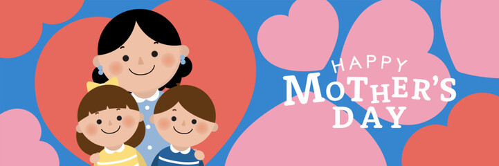 Happy mother's day card with mom, cute daughter, son and lovely hearts. -Vector