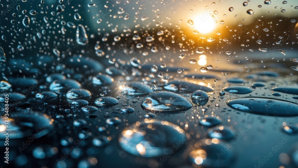 Poster macro shot of water droplets on glass surface reflecting sunlight creating a serene and tranquil atm