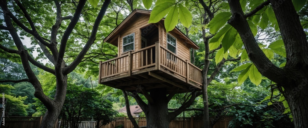 Aufkleber scenic view of a tree house nestled among lush green leaves in a backyard setting with space for tex