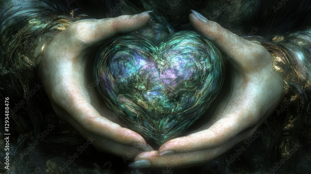 Poster hands cradling a heart-shaped gem with an ethereal glow and intricate details in a mystical setting