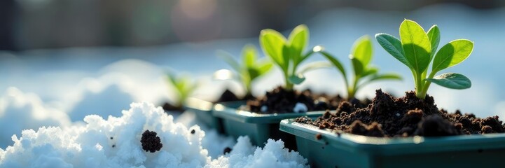 Snowy seedlings emerging from plastic containers, frozen ground, small flowers