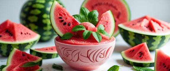 Refreshing Watermelon Smoothie Served in Decorative Bowl Garnished with Mint Surrounded by Fresh Cut Watermelon Slices on White Background