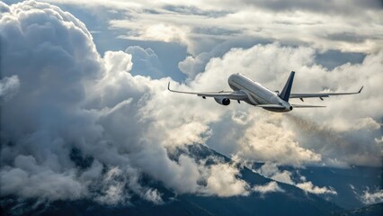 Obraz premium Vertical takeoff aircraft soaring through dense clouds, aircraft in flight, airspace, aerial view, clouds, aircraft