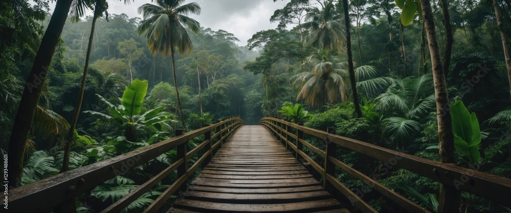Aufkleber bridge through lush rainforest jungle surrounded by dense vegetation with misty atmosphere and space