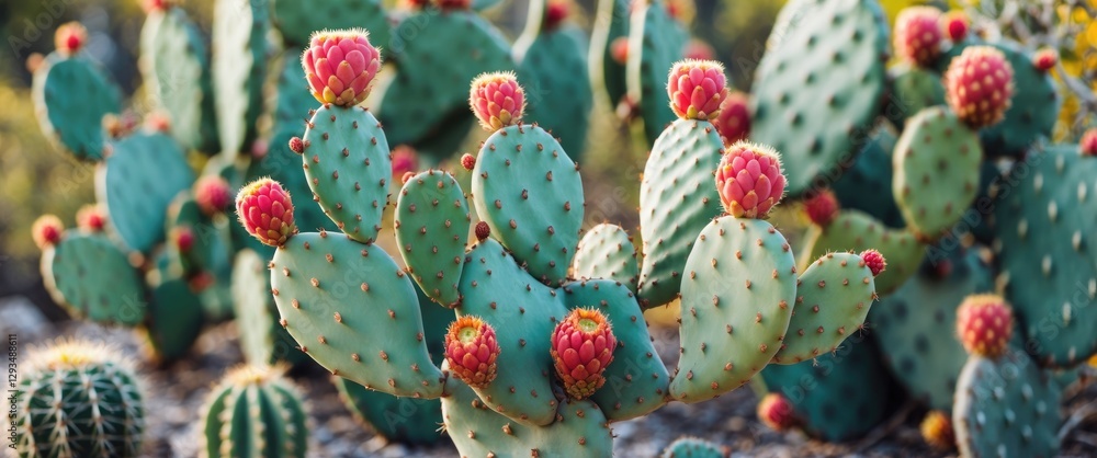 Poster vibrant prickly pear cactus featuring colorful fruit against a natural background with space for tex