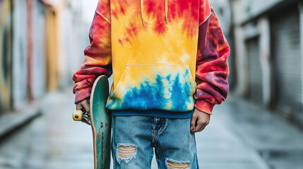 Obraz premium Skater in tie-dye hoodie poses on street with skateboard. Youthful style and urban vibes. #skaterstyle #tiedye #streetwear