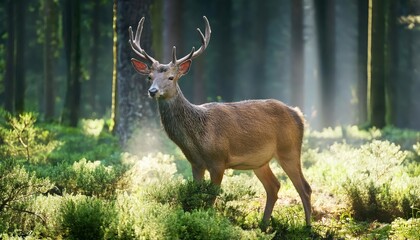 Deer in Lush Forest, Majestic Creature Roaming Amidst Autumnal Colors and Dappled Sunlight at Twilight