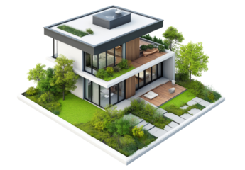  Isometric view of a modern house with a garden, isolated on a white background.