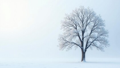 Fototapeta premium Snowy tree against white background with a thin layer of fog, thin fog, frost