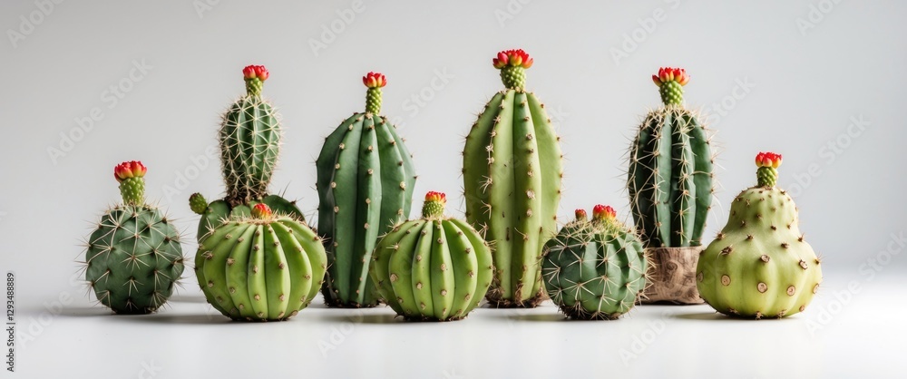 Poster colorful varieties of prickly pear cacti opuntia displayed on a white background with space for text