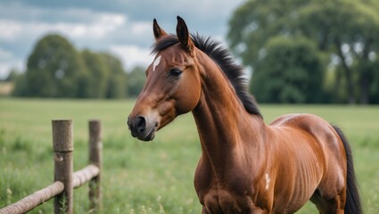 Obraz premium Young Thoroughbred Horse in Pasture Portrait with Lush Green Background and Empty Space for Text or Design Elements Ideal for Promotion