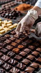 Close Up of Chocolate Maker Hands Placing Handmade Chocolate Squares in Tray