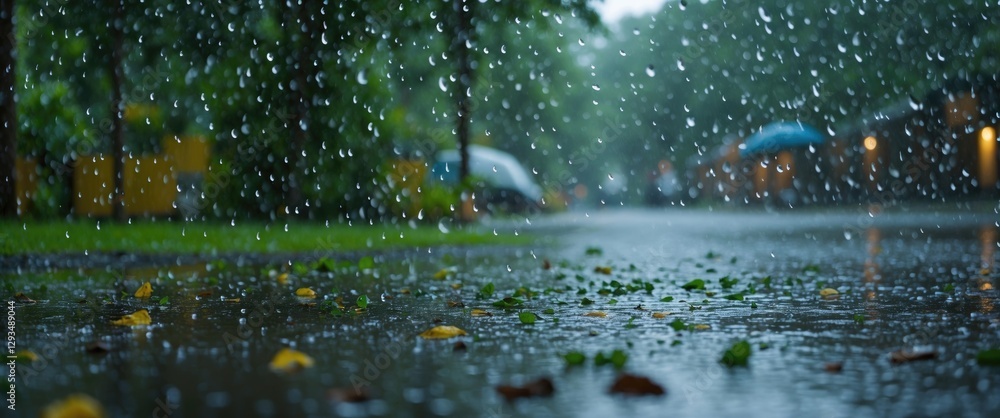 Aufkleber rainfall on a serene street with blurred background and vibrant foliage, creating an atmospheric set