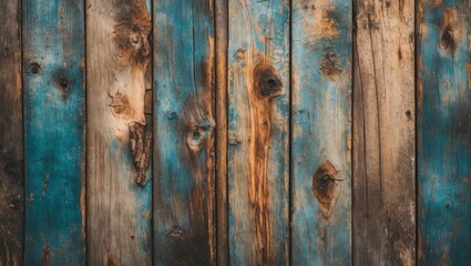 Naklejka premium weathered wooden planks with blue paint remnants creating a rustic and textured background for design and artistic projects