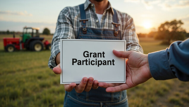 Man hands a grant participant sign to another person in a sunlit field filled with green grass. Tractors are visible in the background. The setting reflects agricultural cooperation