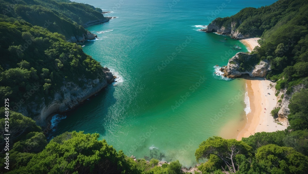 Poster aerial view of serene green sea and secluded beach with lush greenery and empty space for text or de