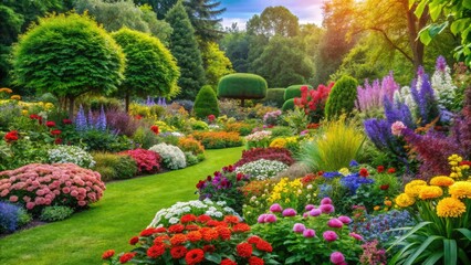 Obraz premium Vibrant garden filled with colorful flowers and lush greenery, nature, flowers, outdoor furniture, garden bench