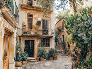 Fototapeta premium A narrow alleyway with a house on the left and a house on the right. The houses are old and have a lot of plants in front of them