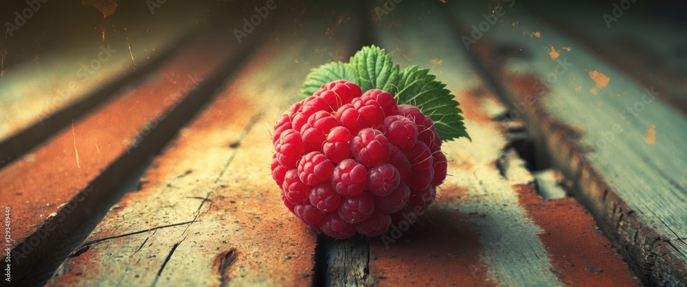 Poster fresh raspberry resting on rustic wooden surface highlighting natural textures and vibrant colors pe