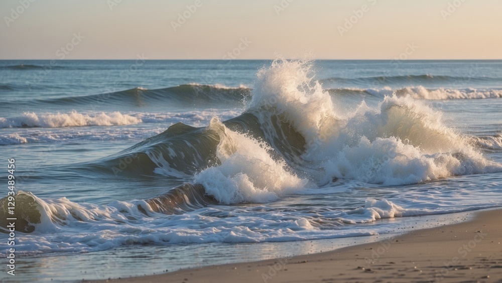 Poster waves gently crash on sandy beach under soft sunset light with clear space for text integration and 