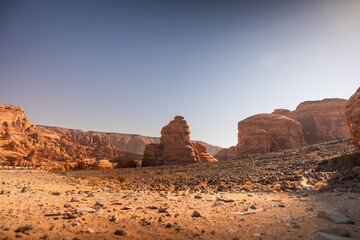 Scenic view of desert against clear blue sky, A beautiful Landscape from Al Ula, Saudi Arabia 