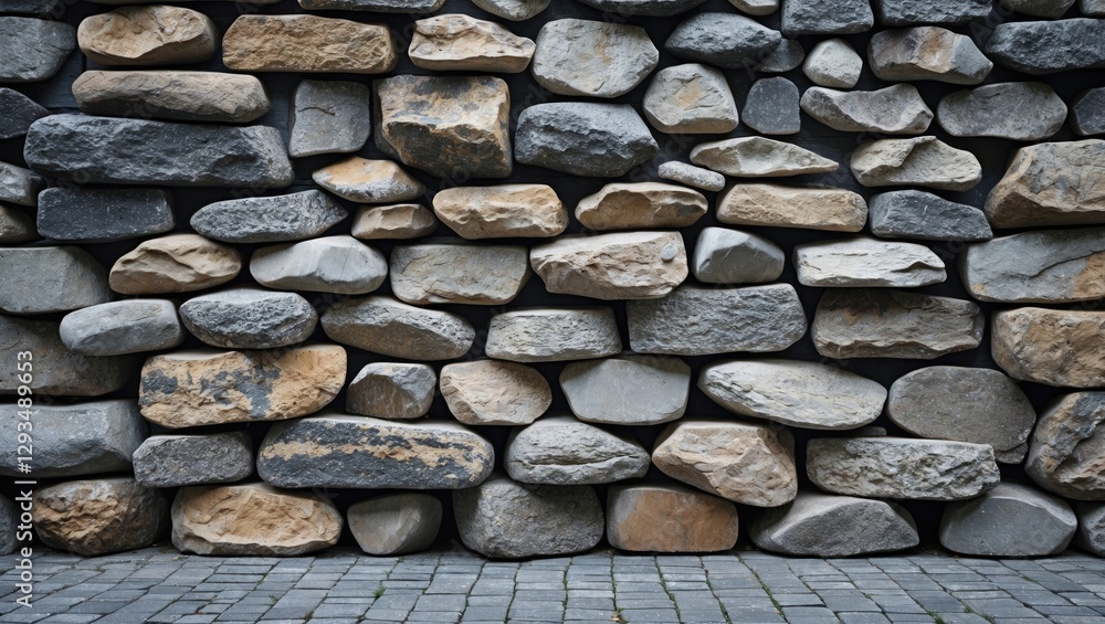 Poster textured stone wall background with various sizes and shapes of rocks for design and architectural u