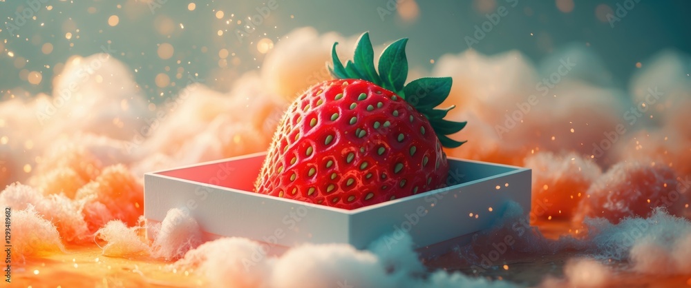 Poster vibrant red strawberry resting in a white box surrounded by soft clouds and warm light creating a dr