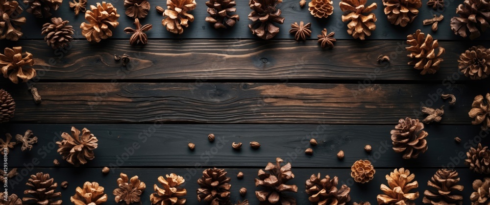 Poster pine cones arranged on a dark walnut wood texture background showcasing natural elements and rustic 